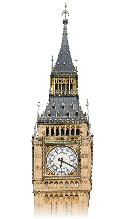 De Elizabeth Tower (Big Ben) in goud-zwart oplichtend bij schemering boven de Theems in Londen